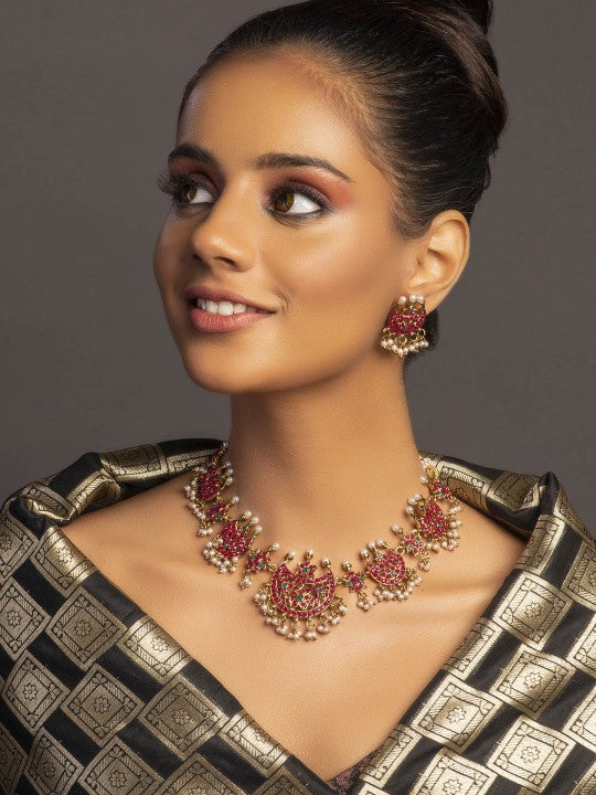 Gold-Plated Fuchsia Pink & White Stone-Studded & Pearl Beaded Handmade Temple Jewellery Set VitansEthnics