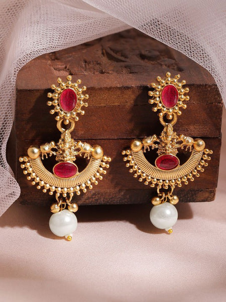 Gold-Plated Ruby Red & Pearl Beaded Statement Necklace Set with Earrings VitansEthnics