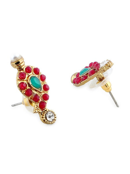 Gold-Plated Fuchsia-Pink & Green Stone-Studded & Beaded Temple Jewellery Set VitansEthnics
