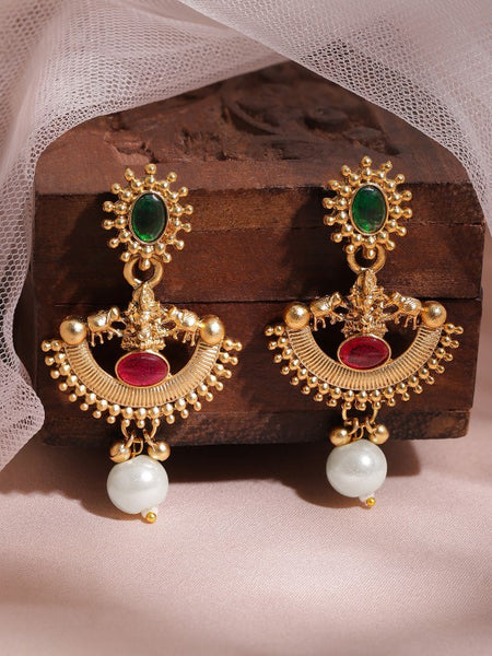 Gold-Plated Temple Necklace Set with Ruby Red & Green Stones and Pearl Drops VitansEthnics