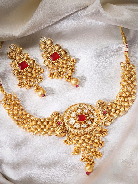 Gold Plated Ruby & White Kundan Studded Choker Jewellery Set with Golden Beads VitansEthnics