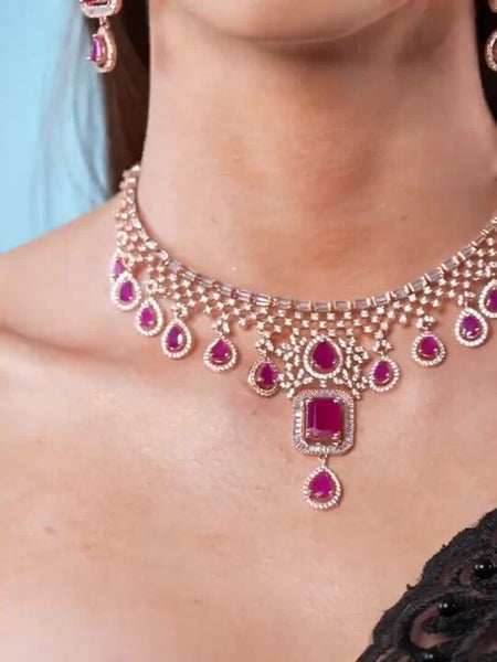 Rose Gold Plated Pink Sapphire & CZ Studded Handcrafted Premium Jewellery Set VitansEthnics
