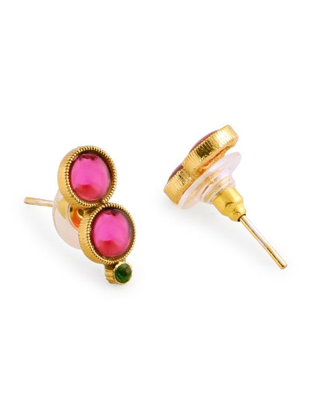 Gold-Plated Magenta Pink & Green Stone-Studded Temple Jewellery Set VitansEthnics