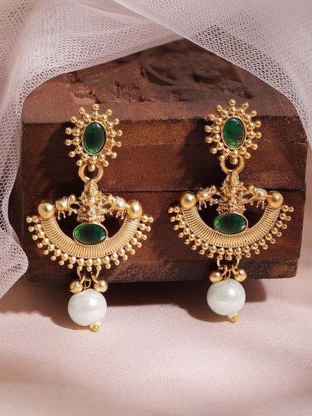 Gold-Plated Emerald Green & Pearl Beaded Statement Necklace Set with Earrings VitansEthnics