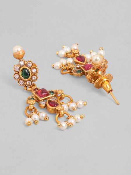 Gold Plated Handcrafted Ruby & Emerald Studded & Pearl Beaded Jewellery Set VitansEthnics