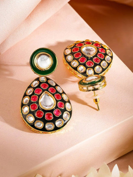 Women Gold-Plated Green & Black Enamel Border Ruby Pink & White Kundan Necklace Set VitansEthnics