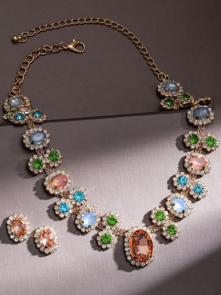 Women Gold Plated Multicolor Crystal & Cubic Zirconia Statement Necklace Set VitansEthnics