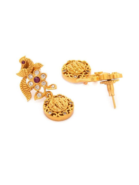 Women Gold-Plated Long Temple Jewellery Set with Ruby Red & CZ Studded Coin Motifs VitansEthnics