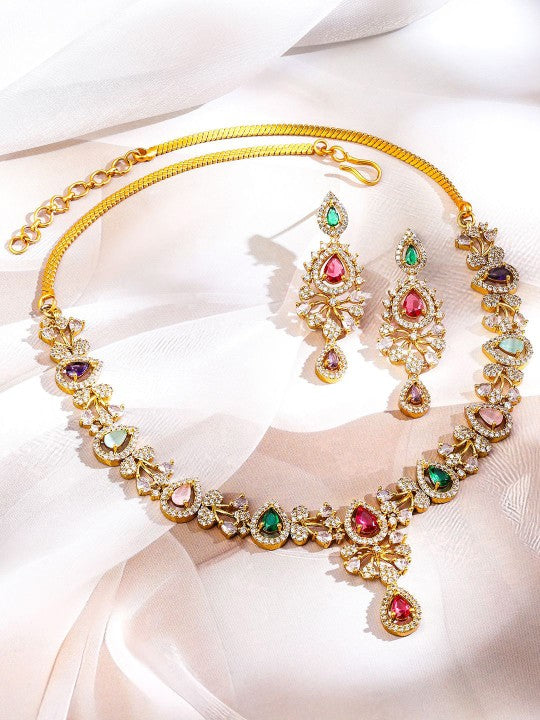 Women Gold-Plated Cubic Zirconia-Studded & Beaded Multicolor Jewellery Set VitansEthnics