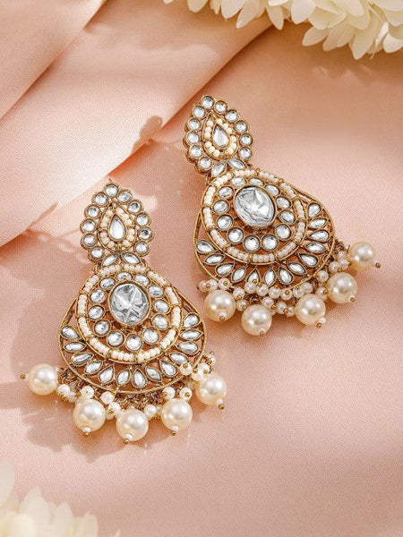 Women Gold-Plated Kundan & White Pearl Studded & Beaded Jewellery Set with Maangtikka VitansEthnics