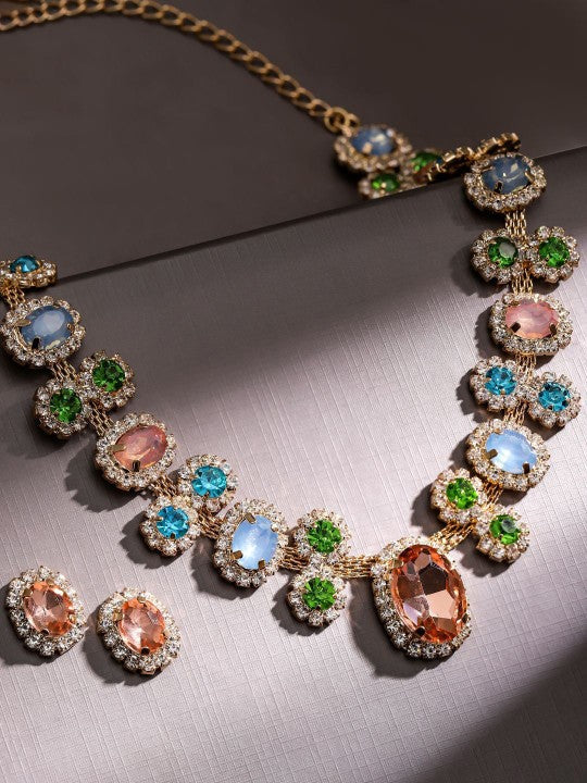 Women Gold Plated Multicolor Crystal & Cubic Zirconia Statement Necklace Set VitansEthnics