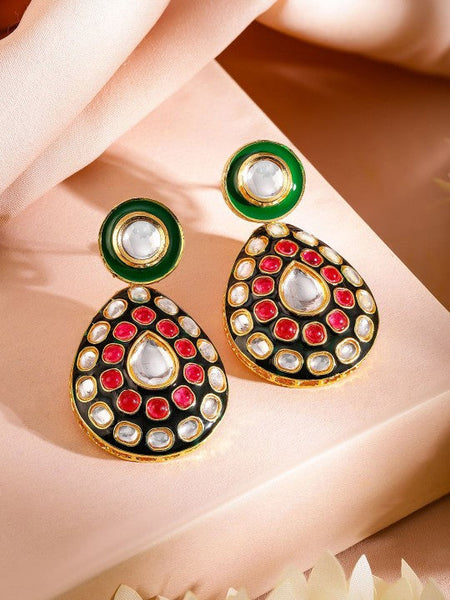 Women Gold-Plated Green & Black Enamel Border Ruby Pink & White Kundan Necklace Set VitansEthnics