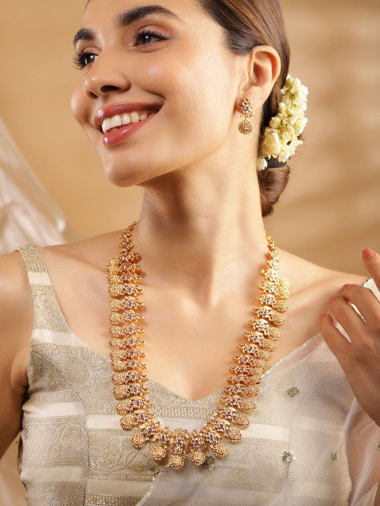Women Gold-Plated Long Temple Jewellery Set with Ruby Red & CZ Studded Coin Motifs VitansEthnics