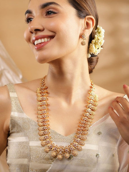 Women Gold-Plated Long Temple Jewellery Set with Ruby Red & CZ Studded Coin Motifs VitansEthnics