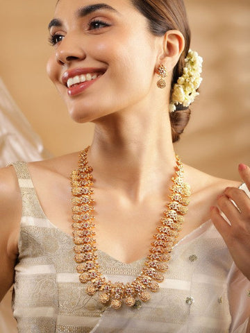 Women Gold-Plated Long Temple Jewellery Set with Ruby Red & CZ Studded Coin Motifs VitansEthnics