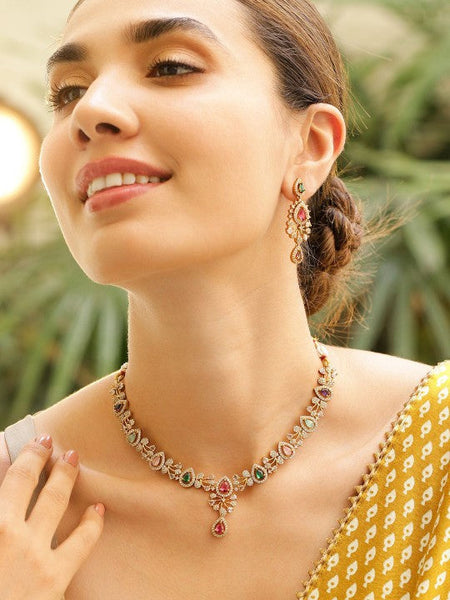 Women Gold-Plated Cubic Zirconia-Studded & Beaded Multicolor Jewellery Set VitansEthnics