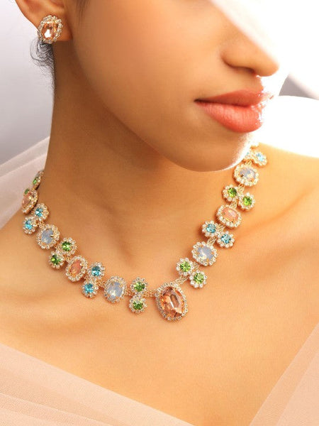 Women Gold Plated Multicolor Crystal & Cubic Zirconia Statement Necklace Set VitansEthnics