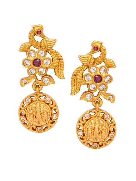 Women Gold-Plated Long Temple Jewellery Set with Ruby Red & CZ Studded Coin Motifs VitansEthnics
