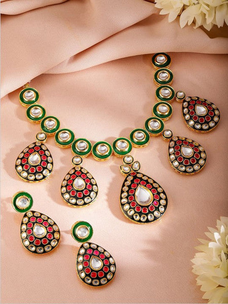 Women Gold-Plated Green & Black Enamel Border Ruby Pink & White Kundan Necklace Set VitansEthnics