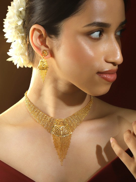 Women Gold-Plated Mesh Chain Cascading Fringe Statement Jewellery Set VitansEthnics