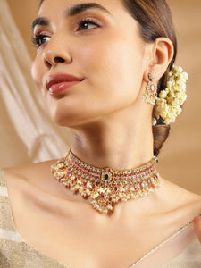 Women Gold-Plated Ruby, Emerald & Cubic Zirconia Studded Choker Set with Pearl Beads Jewellery Set VitansEthnics