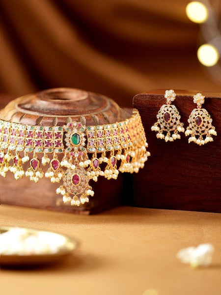 Women Gold-Plated Ruby, Emerald & Cubic Zirconia Studded Choker Set with Pearl Beads Jewellery Set VitansEthnics