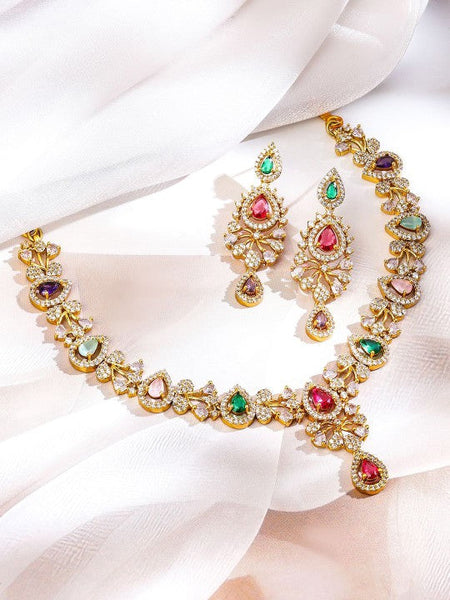Women Gold-Plated Cubic Zirconia-Studded & Beaded Multicolor Jewellery Set VitansEthnics