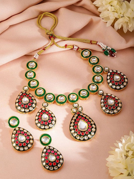 Women Gold-Plated Green & Black Enamel Border Ruby Pink & White Kundan Necklace Set VitansEthnics