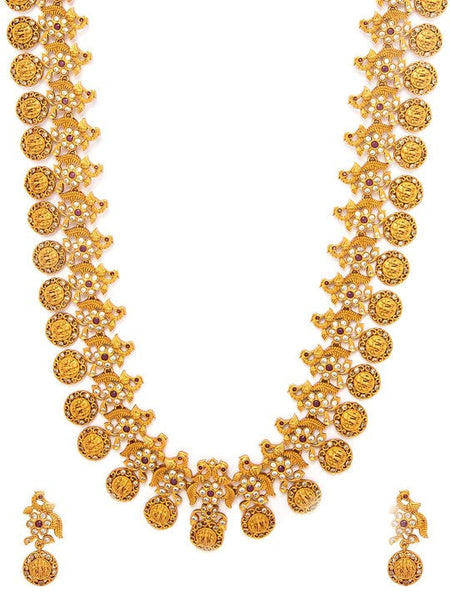 Women Gold-Plated Long Temple Jewellery Set with Ruby Red & CZ Studded Coin Motifs VitansEthnics