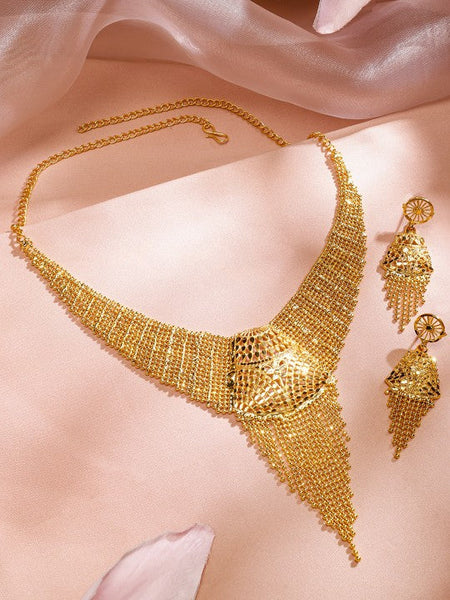 Women Gold-Plated Mesh Chain Cascading Fringe Statement Jewellery Set VitansEthnics