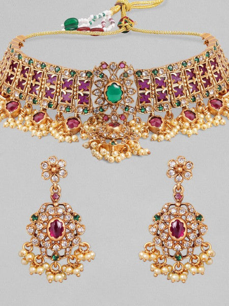 Women Gold-Plated Ruby, Emerald & Cubic Zirconia Studded Choker Set with Pearl Beads Jewellery Set VitansEthnics