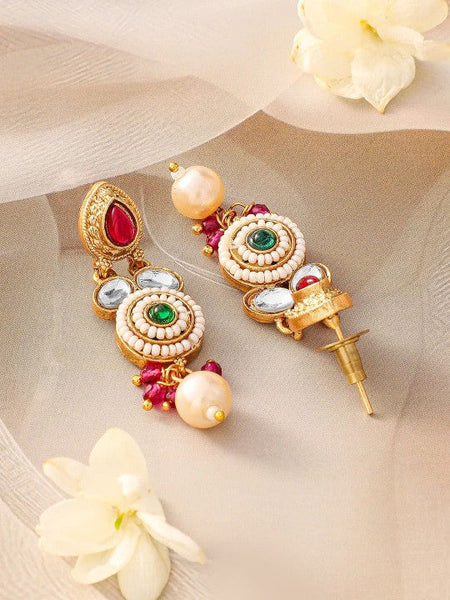 Women Gold-Plated Ruby Pink, Emerald Green, Kundan & Pearl Bead Accents Necklace Set VitansEthnics