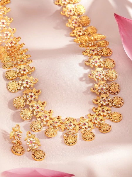 Women Gold-Plated Long Temple Jewellery Set with Ruby Red & CZ Studded Coin Motifs VitansEthnics