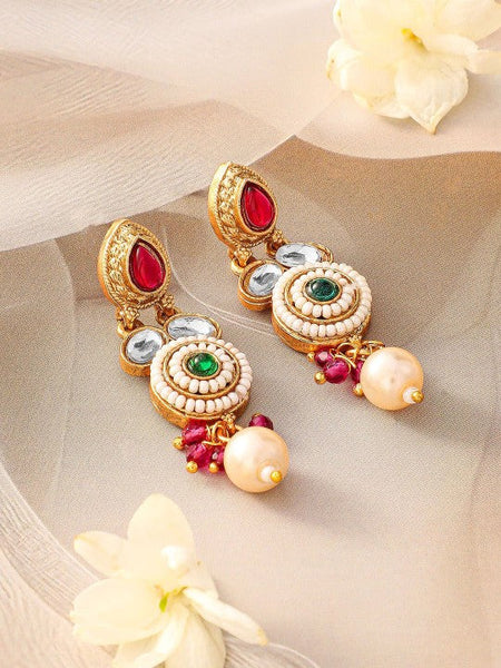 Women Gold-Plated Ruby Pink, Emerald Green, Kundan & Pearl Bead Accents Necklace Set VitansEthnics
