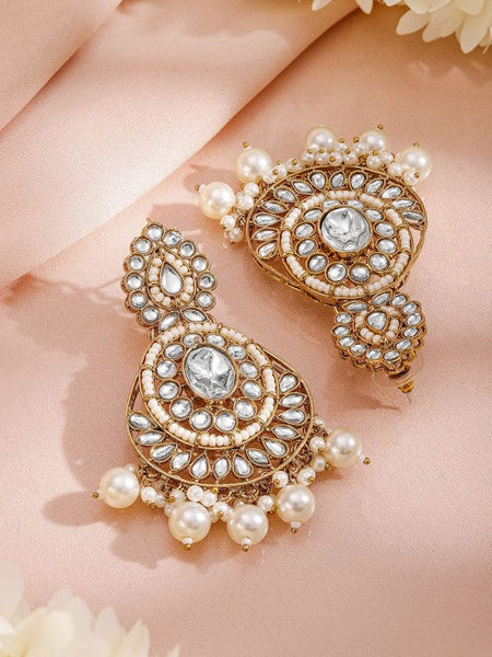 Women Gold-Plated Kundan & White Pearl Studded & Beaded Jewellery Set with Maangtikka VitansEthnics