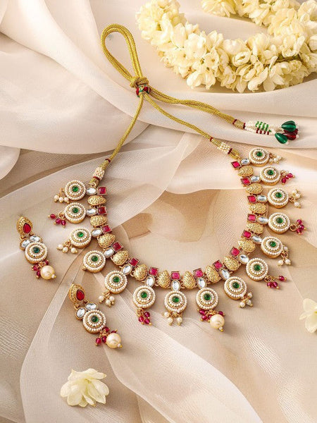 Women Gold-Plated Ruby Pink, Emerald Green, Kundan & Pearl Bead Accents Necklace Set VitansEthnics