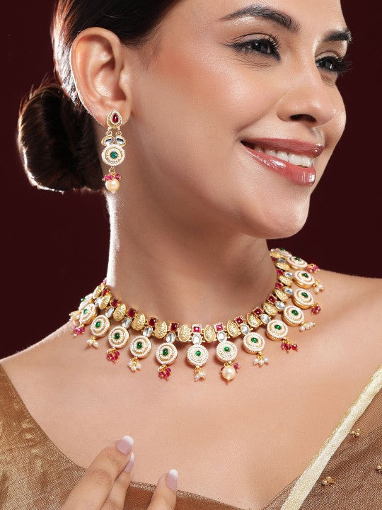 Women Gold-Plated Ruby Pink, Emerald Green, Kundan & Pearl Bead Accents Necklace Set VitansEthnics