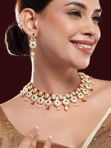 Women Gold-Plated Ruby Pink, Emerald Green, Kundan & Pearl Bead Accents Necklace Set VitansEthnics