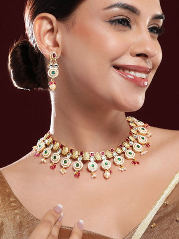 Women Gold-Plated Ruby Pink, Emerald Green, Kundan & Pearl Bead Accents Necklace Set VitansEthnics