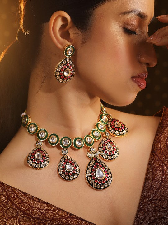 Women Gold-Plated Green & Black Enamel Border Ruby Pink & White Kundan Necklace Set VitansEthnics