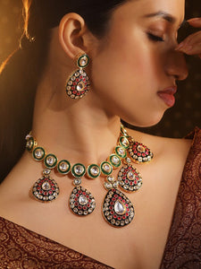 Women Gold-Plated Green & Black Enamel Border Ruby Pink & White Kundan Necklace Set VitansEthnics