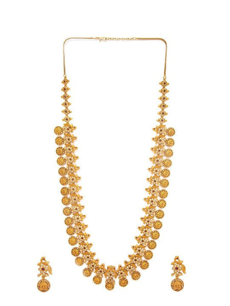 Women Gold-Plated Long Temple Jewellery Set with Ruby Red & CZ Studded Coin Motifs VitansEthnics