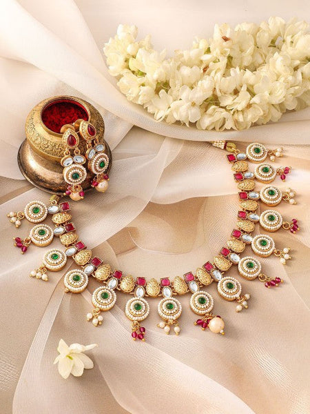 Women Gold-Plated Ruby Pink, Emerald Green, Kundan & Pearl Bead Accents Necklace Set VitansEthnics