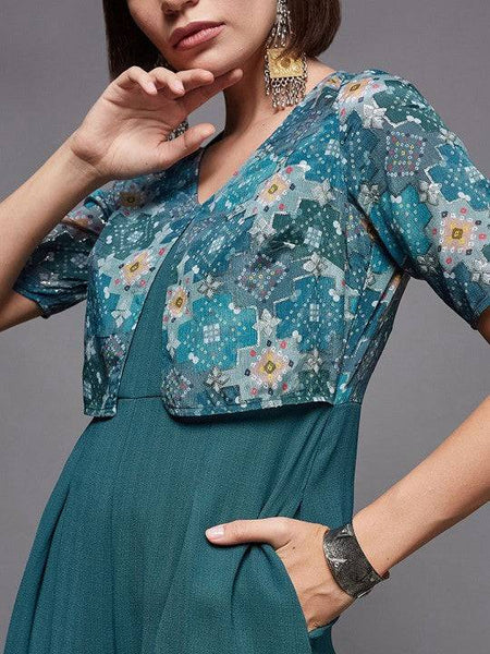 Women's V-Neck Printed Flared Leg Fusion Jumpsuit VitansEthnics