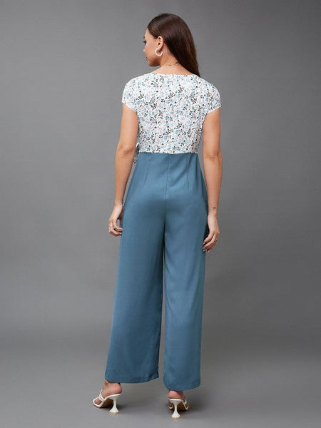 Women White & Blue Floral Print Jumpsuit VitansEthnics