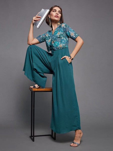 Women's V-Neck Printed Flared Leg Fusion Jumpsuit VitansEthnics