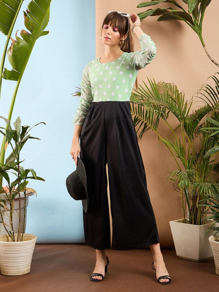 Women's Sea Green and Black Colourblocked Smocked Jumpsuit VitansEthnics