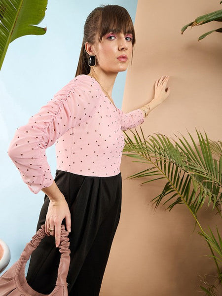 Women's Peach-Coloured and Black Colourblocked Smocked Jumpsuit VitansEthnics