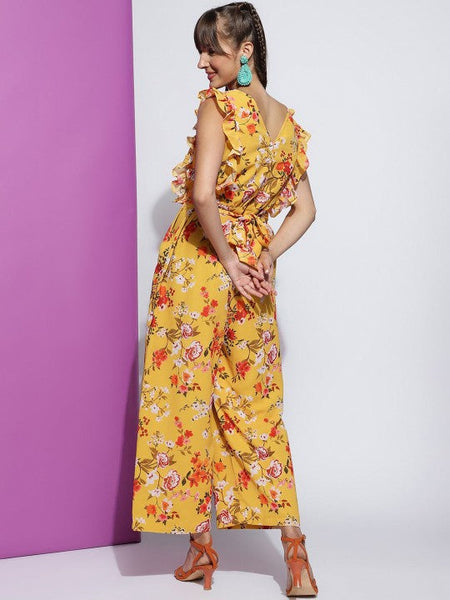 Women's Yellow Floral Printed Round Neck Sleeveless Jumpsuit VitansEthnics