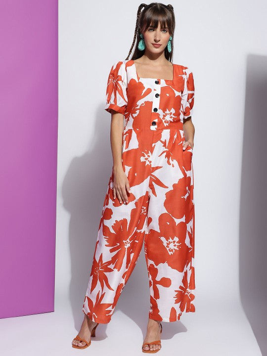 Women's Orange Square Neck Floral Printed Jumpsuit VitansEthnics